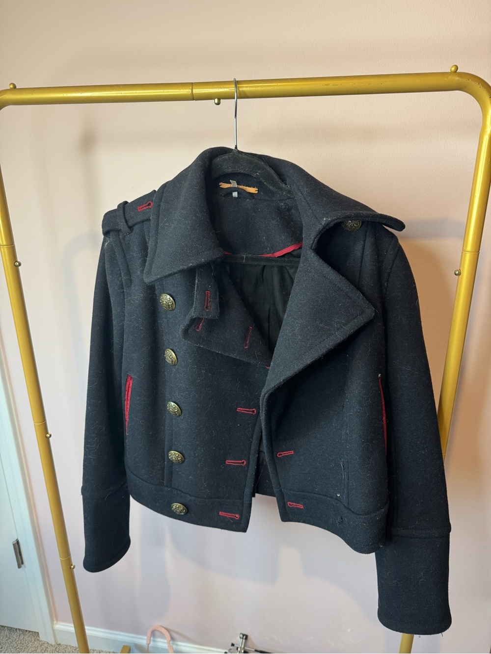 Free People Black Peacoat with Red Accents - Picture 2 of 5